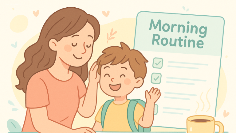 A happy mom and kid with a morning routine chart